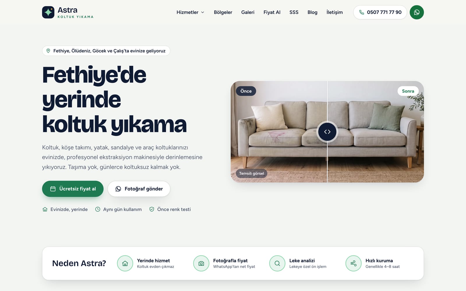 Fethiye'de hizmet veren bir işletme için yapılan web sitesinin ana sayfası