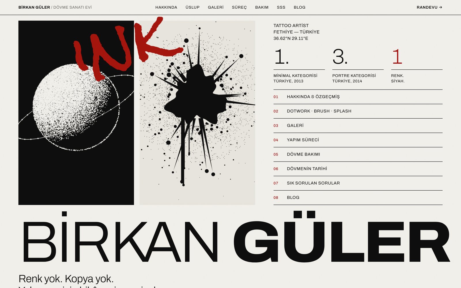 Birkan Güler Tattoo web sitesinin ekran görüntüsü