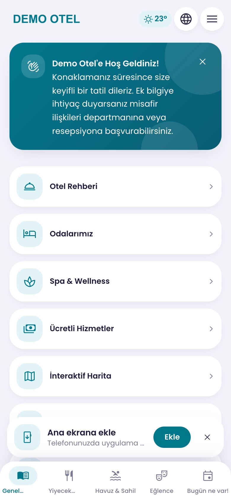Otel Bilgi Uygulaması web sitesinin ekran görüntüsü