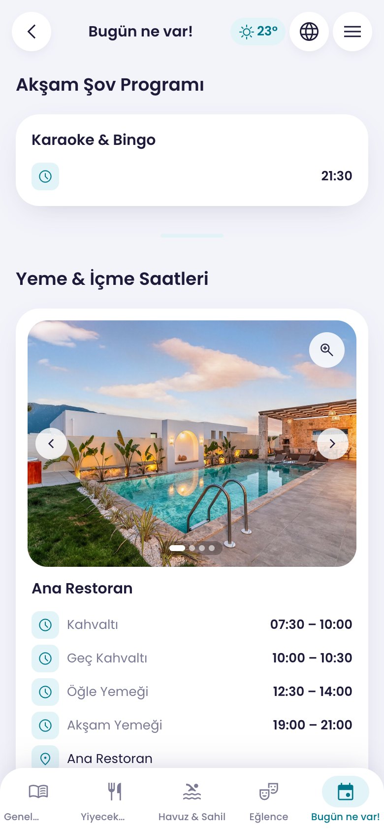Otel bilgi uygulamasında günün etkinlik programı ekranı