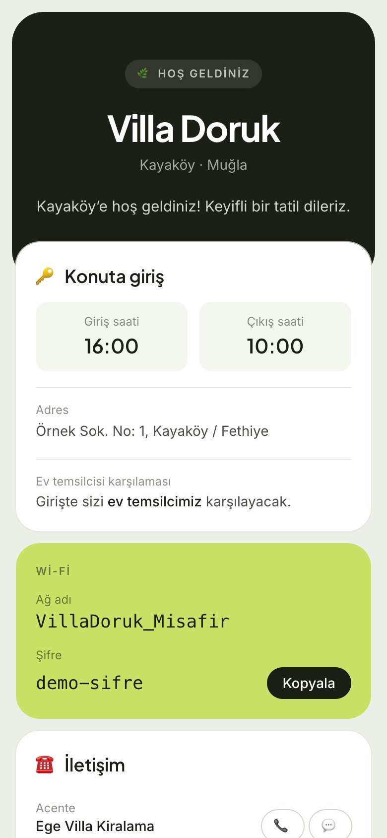 Villa Karşılama Kitabı web sitesinin ekran görüntüsü